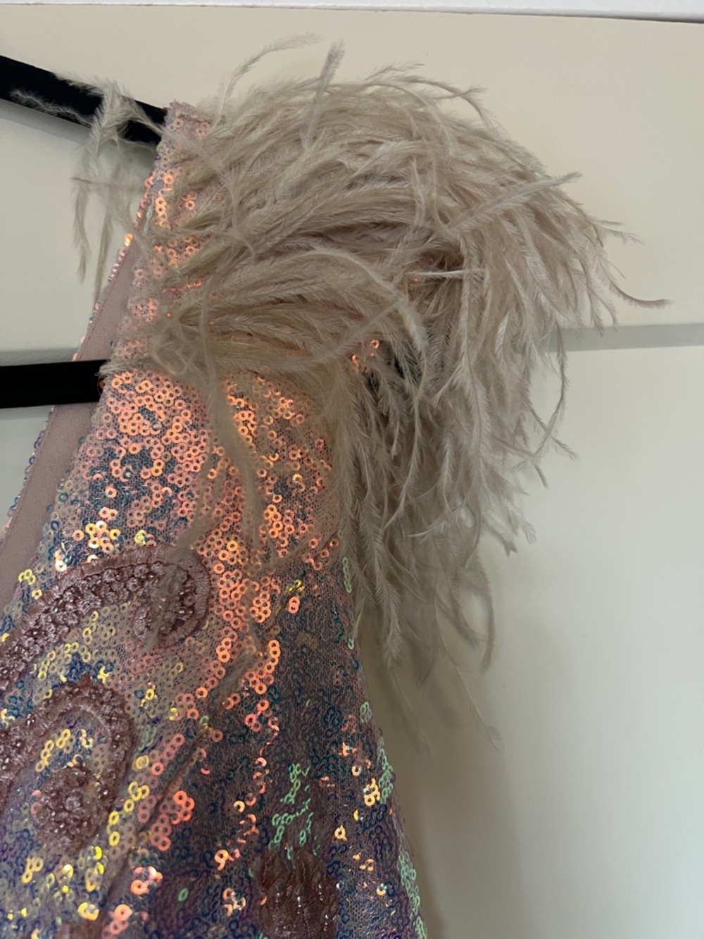Portia & Scarlett Pink Blue Sequin Evening Gown with Feather Shoulders - Picture 6 of 16